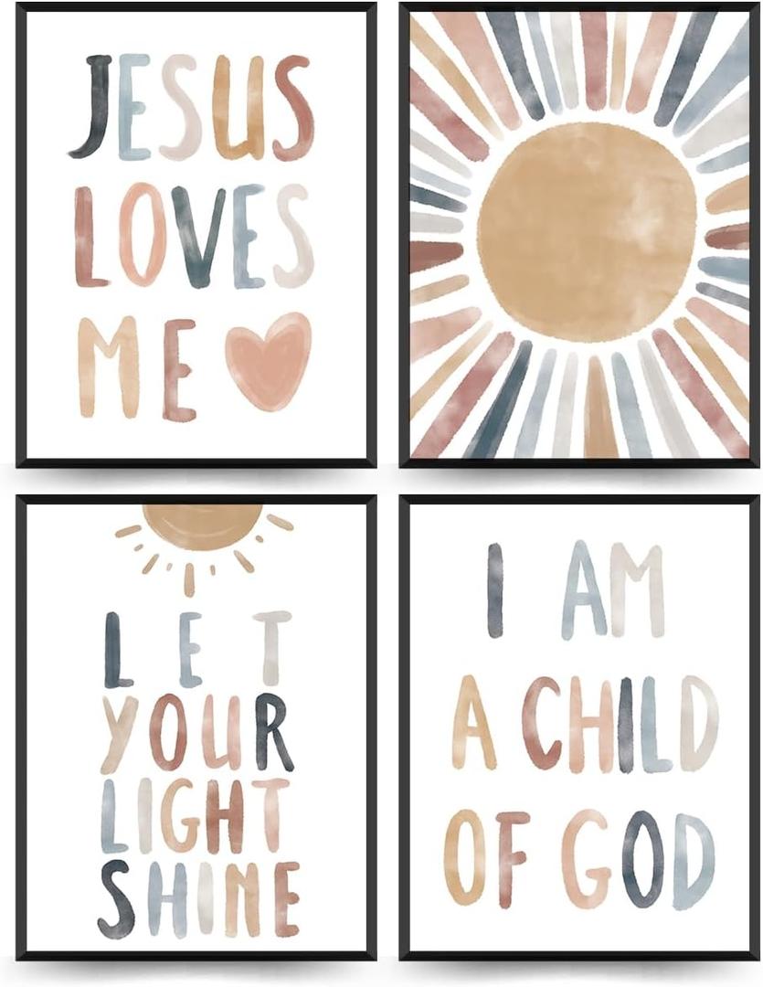 PLKMN Nursery Decor Set - Jesus Loves Me Wall Art Prints, Boho Kids Art, Bible Verses Wall Art for Kids, Christian Decor for Sunday School, 4x 12x16 Inch (Unframed)