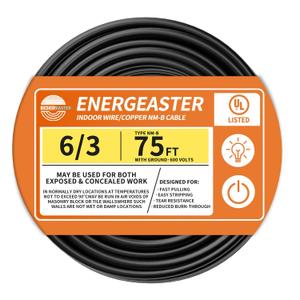 Energeaster Stranded Indoor 6/3 NM-B Copper Cable with Ground 75FT, Black
75FT NMB Cable 6 Gauge Wire 3 Conductors 600V Bare Copper Non-Metallic Sheathed Stranded Indoor Residential Wire, UL Listed