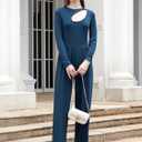 RONGTAI One Piece Jumpsuit for Women Long Sleeve Cutout Neck High Waist Dressy Casual Stright Leg Romper (Blue, L)