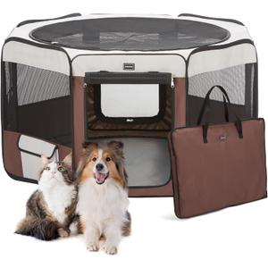 Dog Playpen Portable Pet Play Pens for Small Dog/Cat/Rabbit/Chicks, Cat Playpen Indoor/Outdoor with Carring Case, Removable Zipper Top and Bottom (Brown, Small (28"x28"x14"), 8)