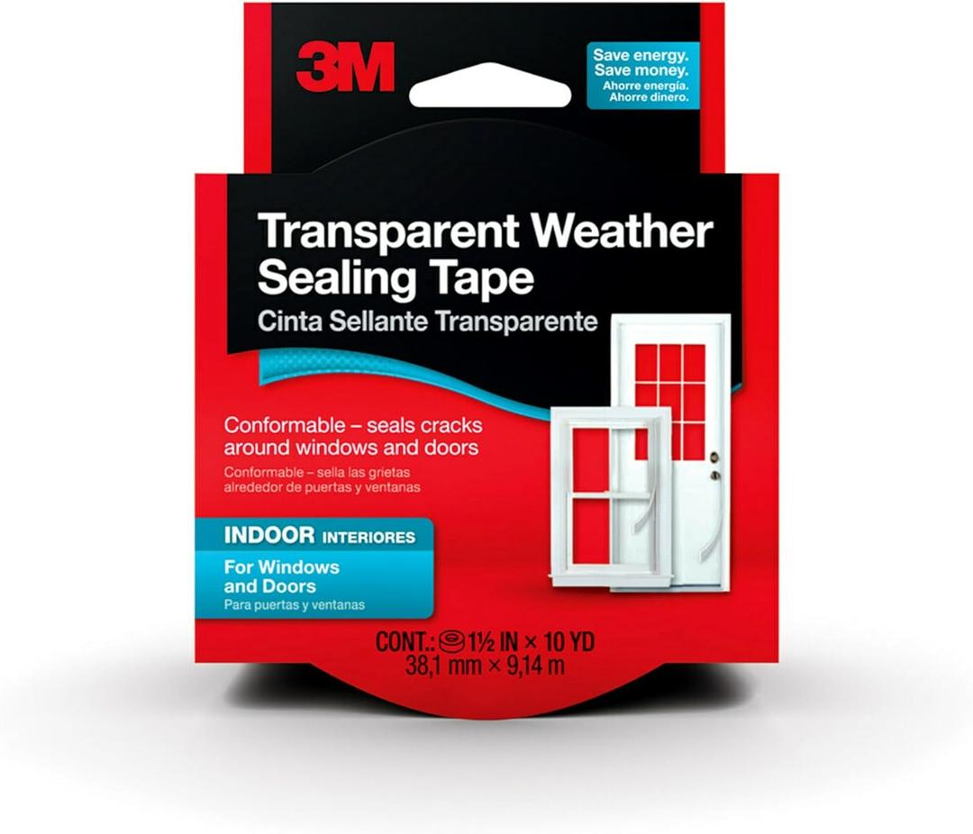 3M Transparent Weather Sealing Tape, 1.5 in x 30 ft, Crystal Clear Removable Insulation Tape for Interior Windows & Doors, Draft Stopper, Moisture-Resistant, Energy Saving, Made in USA, 1 Roll