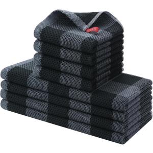 Homaxy Kitchen Towels and Dishcloths Set, 12 x 12 and 13 x 28 Inches, Set of 8 100% Cotton Waffle Weave Check Plaid Kitchen Dish Towels, Super Soft and Absorbent Dish Cloths, Black & Grey
