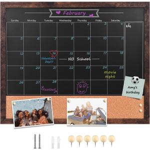 TORASO Magnetic Chalkboard Calendar Corkboard, 18" x 22" Combination Chalk Board Bulletin Board, Walnut Brown Framed Blackboard Calendar Cork Combo Board(ZHHB-BN-4555)
