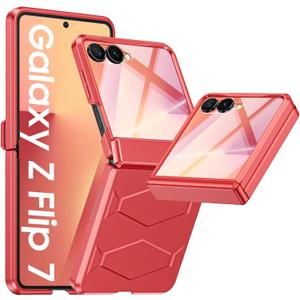 Vizvera for Samsung Galaxy Z Flip 7 Case with Hinge Protection, Built-in Screen Protector Shockproof All-Inclusive Phone Cover for Z Flip 7-Coral Red