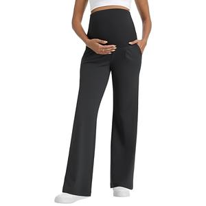 Foucome Maternity Pants for Work Wide Leg Stretchy Dress Pants Pregnancy Business Casual Trousers with Pockets Black, M
