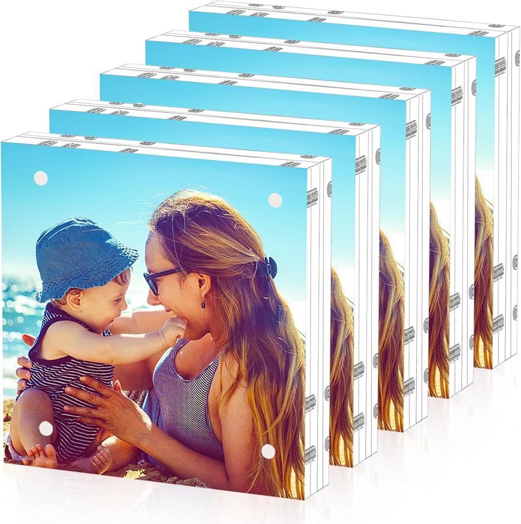 HELPLEX Acrylic Frame, 5 Pack 5x5 Acrylic Picture Frames, 20mm Thicker Frameless Clear Double Sided Magnetic Frame, Free Standing Desktop Display