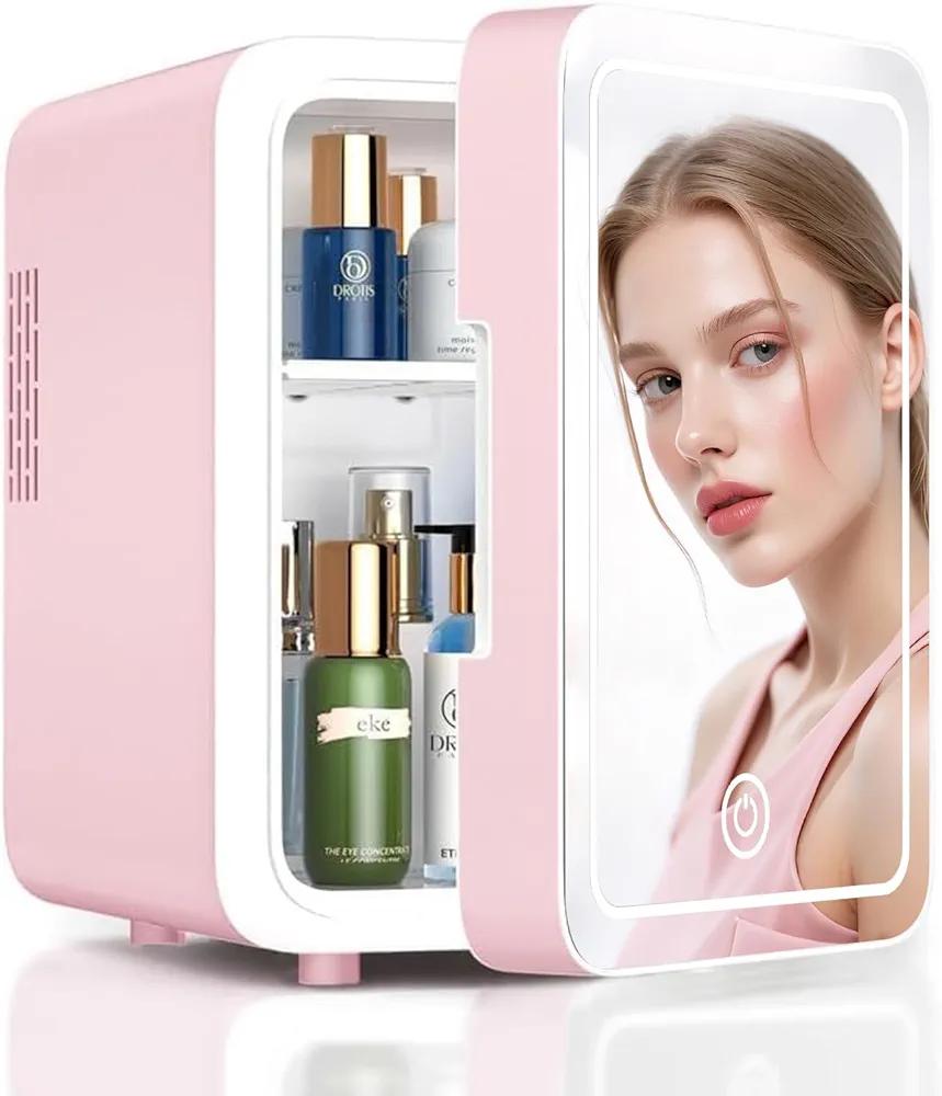 CUTIEWORLD Skincare Fridge With Dimmable LED Light Mirror, 4L Makeup Mini Fridge for Bedroom, Car, Office & Dorm, Cooler & Warmer, Portable Small Refrigerator for Cosmetics, Skin Care and Food, Pink