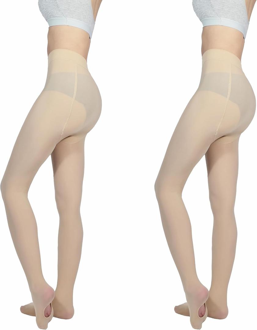 2-Pack Slightly Transparent Tights for girls & women, High Elasticity Sheen Pantyhose, For Work Dance Casual. (X-Large Petite, Nude-open Sole)