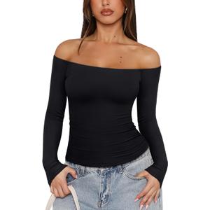 REORIA Womens Long Sleeve Off The Shoulder Tops Going Out Cute Basic Y2K Fall Fashion 2025 Outfits Clothes (Medium, Black)