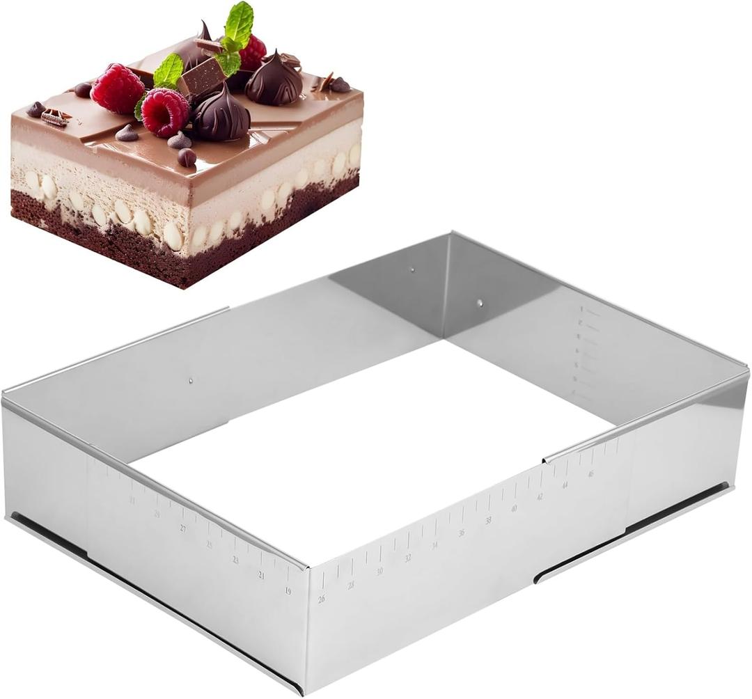 Adjustable Rectangular Cake Ring, Stainless Steel Mousse Cake Ring Mould for Tiramisu, Ret retractable Sheet Cake Frame with Precise Scale for Baking Pastries