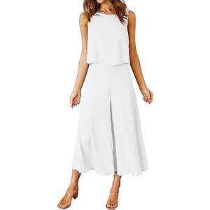 ROYLAMP Women's Summer 2 Piece Outfits Round Neck Crop Basic Top Cropped Wide Leg Pants Set Jumpsuits Size L