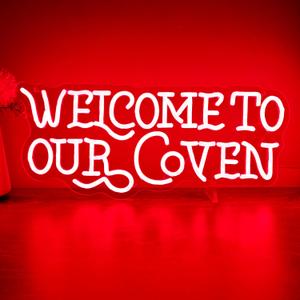 Welcome to Our Coven Red Neon Sign Witchy Room Decor Gothic Aesthetic Light Mystical Gift USB Powered with Dimmer for Bedroom Home Party Wall Decor, 16.92 x 7.29 inches