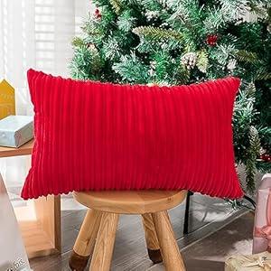 UGASA Christmas Decor Pillow Covers Velvet Striped Pillow Cover Lumbar Cushion Case for Lumbar, 1 Piece, 12x20-inch (30x50cm), Red