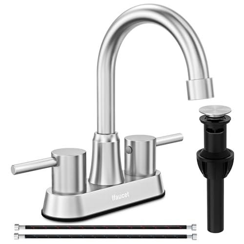 Bathroom Faucets, Bathroom Faucet 3 Hole, Bathroom Sink Faucet, Faucet for Sink 4 Inch 2 Handle Centerset, Lead-Free, with Copper Pop Up Drain (Brushed Nickel)
