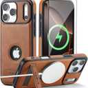 Casus Designed for iPhone 17 Pro Case Compatible with MagSafe Kickstand Vegan Leather Slim Classic Luxury Elegant Protective Cover with Tempered Glass Screen (2025) 6.3" - Brown