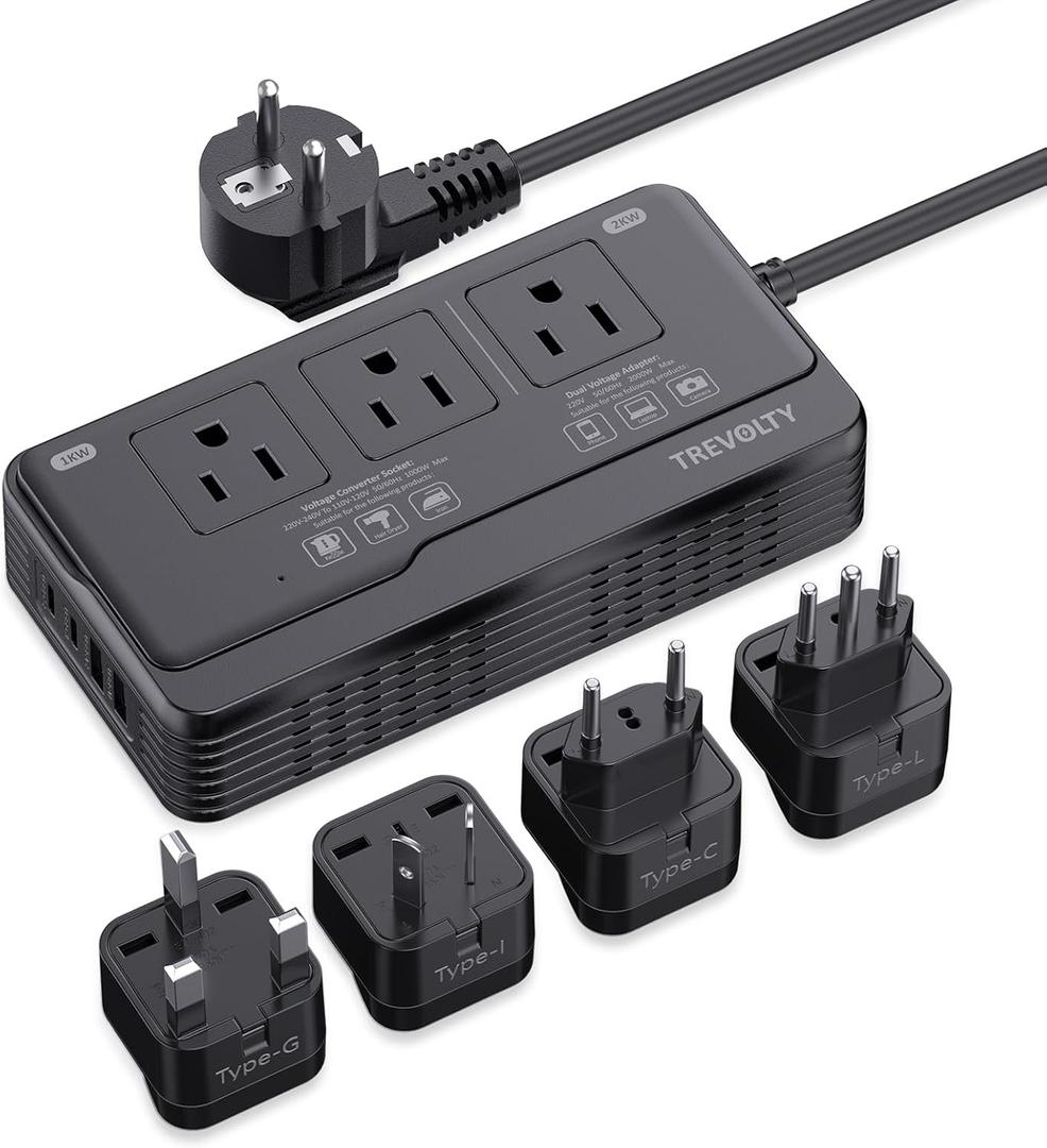 2000W Voltage Converter US to Europe for Hair Dryers, 7-in-1 220V to 110V Converter for European Travel with 3 AC/2 USBA/2 USBC Ports, Power Converter Adapter Combo with Type C/G/I/L Plugs (Black)