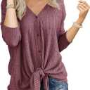 IWOLLENCE Women's Waffle Knit Tunic Blouse Tie Knot Henley Tops Loose Fitting Bat Wing Plain Shirts Large