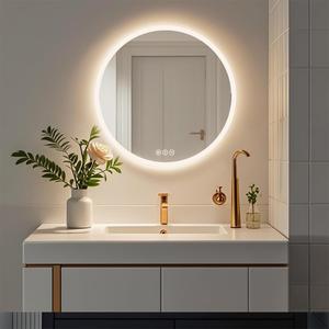 Bathroom Round LED Mirror with Lights 28 Inch LED Vanity Mirror 3-Color Anti-Fog Lighted Bathroom Mirror Wall Mounted Smart Bathroom Mirror with Touch Button Dimmable LED Bathroom Mirror (28"L x 28"W, Luna)