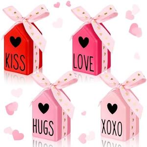 Wenqik 4 Pcs Valentines Day Table Decorations Pink Valentine Mini Wooden Birdhouse Sign Love Heart Decor with Bow for Wedding Engagement Party Tabletop Shelf Decor