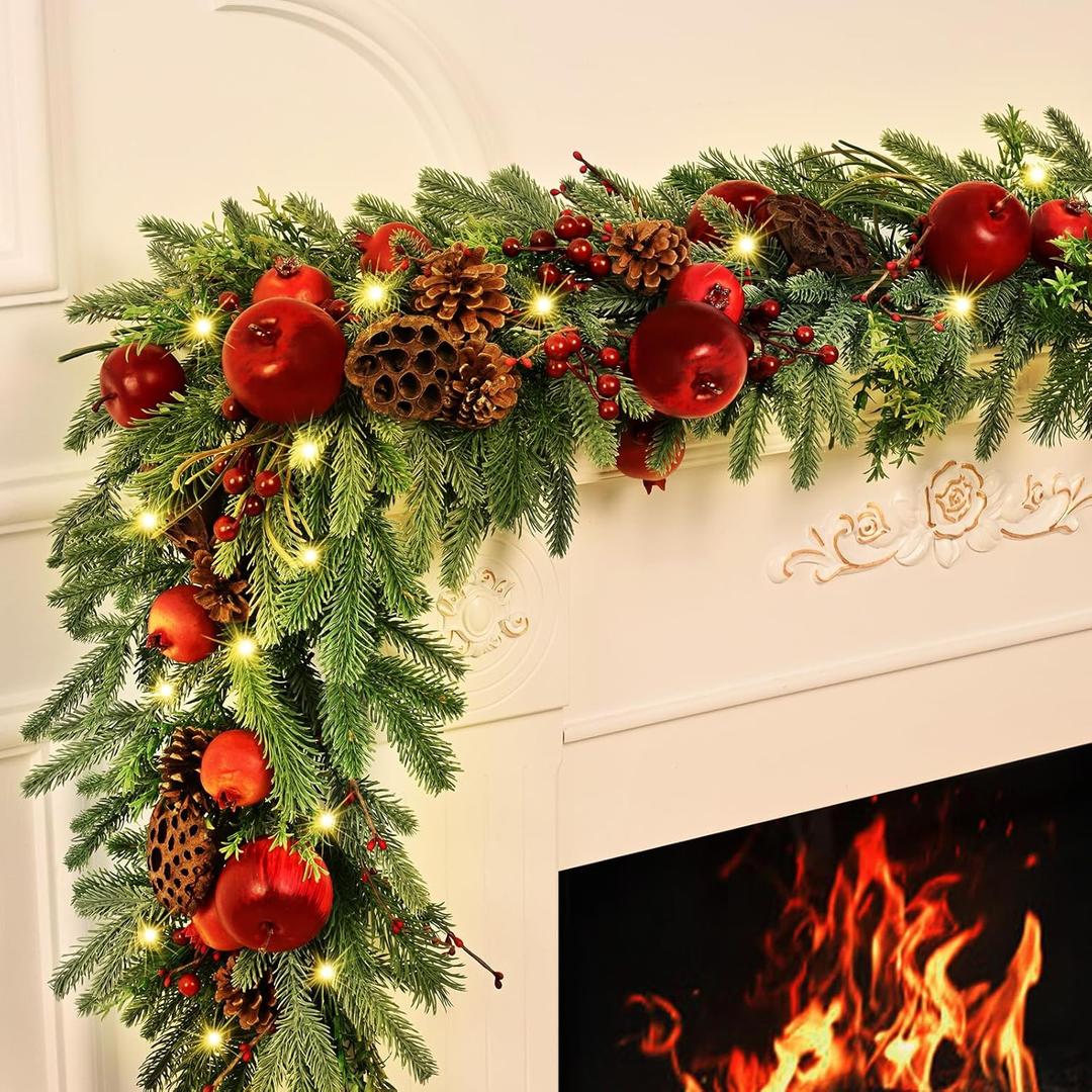 Christmas Garland - 2 Pack 5.9ft Christmas Garland for Mantle, Norfolk Pine Garland Cedar Garland with Christmas Fruits Lotus Pod for Home Party Fireplace Indoor Outdoor Decor