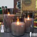 200 Hour Flameless Candles with Remote, Rechargeable Flickering Glass Pillar Candles with Remote and Timer, Moving Flame for Halloween Christmas Festival Wedding Home Party Decor (Gray 3PCS)