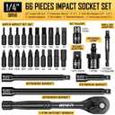 BOEN 1/4" Drive Metric Impact Socket Set, 66-Piece (4-14mm) Deep & Shallow Kit, Includes 5-15mm Swivel Sockets, 72T Ratchet Handle, 2", 4", 6" Extension Bar, Adapters, Universal Joint & Impact Bit