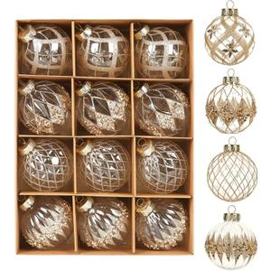 12 PCS Champagne Christmas Ornaments, 80mm/3.15 Inches Clear Luxury Hand-Painted Xmas Ball Ornaments for Christmas Tree Rustic Farmhouse Wedding Home Decor