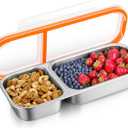 Juome Stainless Steel Snack Containers, Reusable Double/2 Compartment Snack Containers with Lids for Kids, Divided Food Storage Containers Condiment Box Sauce Cups for School, Travel, Home