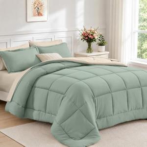FUANNA Full Size Comforter Sets 7 Pieces, Reversible Bed in a Bag with All Season Soft Comforter, Bedding Sets Includes Comforter, Flat Sheet, Fitted Sheet, Pillowcases & Shams, Sage Green & Beige