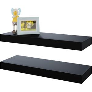BAMEOS Floating Shelves, Black Wall Mounted Wooden Shelves with Invisible Brackets Set of 2, Hanging Wall Shelves Decoration for Bedroom, Bathroom, Living Room and Kitchen (16x6)