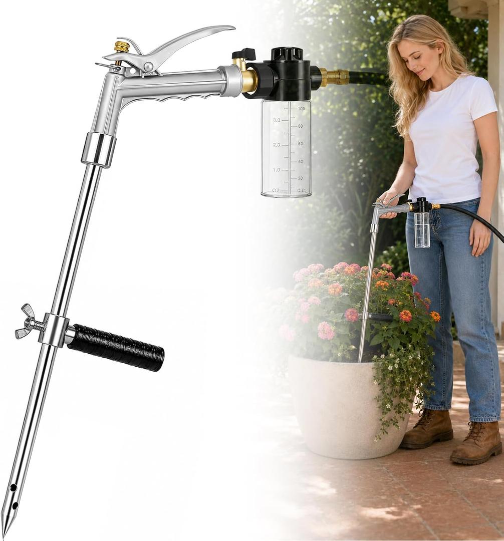 Deep Root Watering Tool for Trees with Trigger Handle & Fertilizer Bottle | One-Piece Stainless Steel Tree Watering Spike, Instant Trigger Control & Brass Valve for Shrubs, Vegetable Beds & Fruit Trees