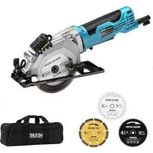 Seesii Mini Circular Saw with Laser Guide,4.8A 4000 RPM Compact Corded Circular Saw with Rip Guide,3 Blades (4-1/2") for Wood,Soft Metal,Tile,Plastic Cutting,Max Cut Depth 1-11/16"(90),1-1/8" (45)