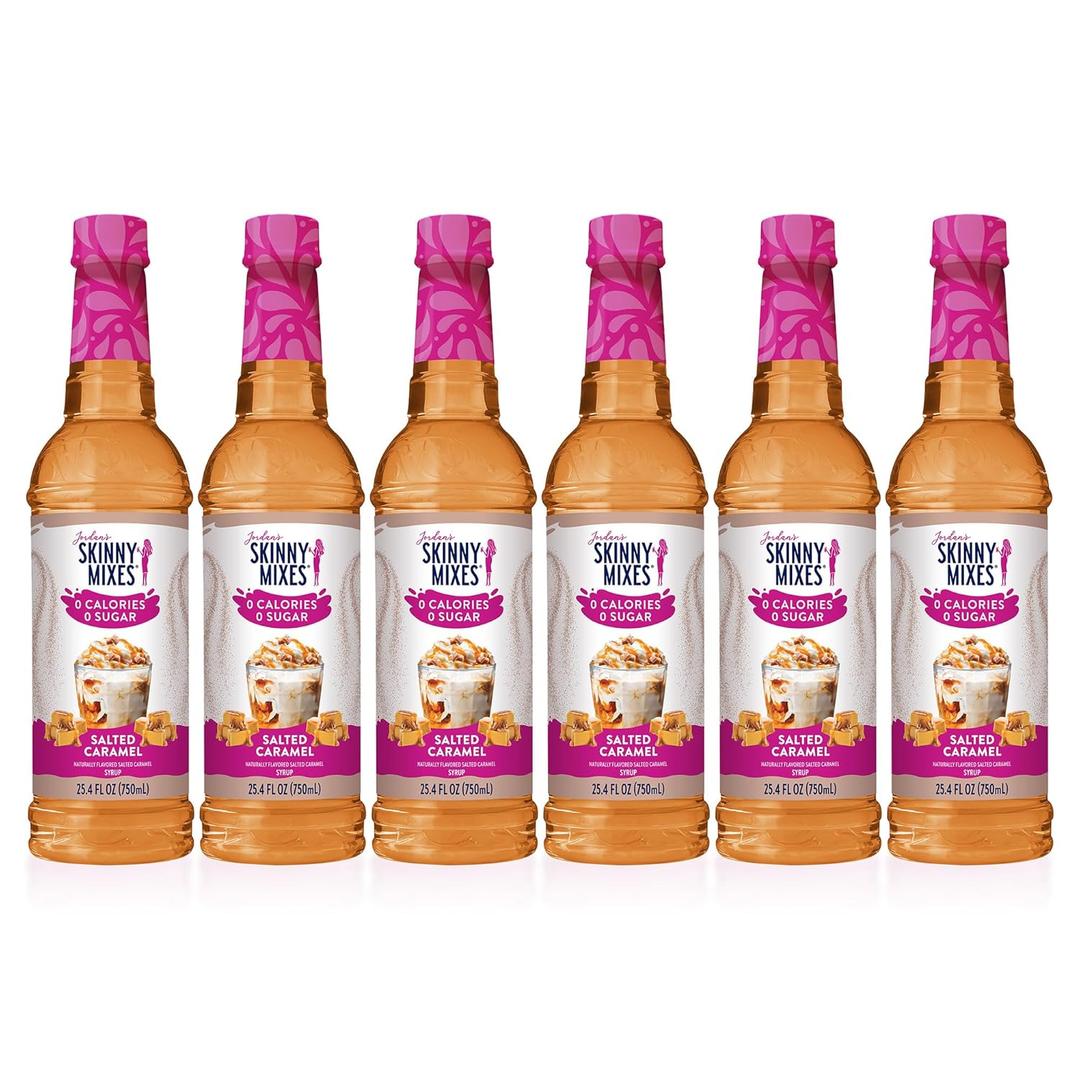 Jordan’s Skinny Mixes Sugar Free Coffee Syrup, Salted Caramel Coffee Flavoring Syrup, Zero Calorie Drink Mix, Lattes, Baking, Protein Shake or Cocktail, Dairy & Gluten Free, Kosher, 25.4 Fl Oz, 6 Pack (EXP 03/09/28)