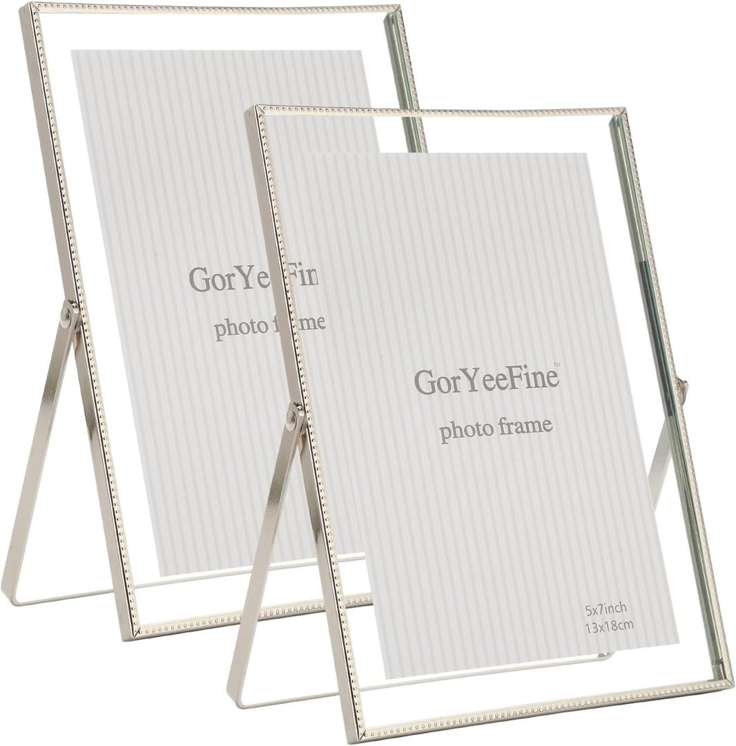 Silver 5x7'' Floating Frame Set of 2, For Photo Sizes (2x3'', 3.5x5'' 4x 6'' up to 5x7'' ), Beautiful Metal Lace Edge Frames Adjustable Tabletop/Shelf Photo Frame, Classy Gift Choice for Wedding,