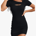 Valiamcep Women's Summer Mini Dress Short Sleeve Square Neck Cut Out Sexy Ribbed Knit Fitted Casual Pencil Bodycon Dresses Black S