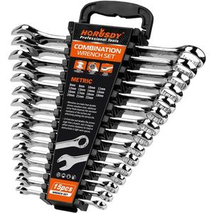 HORUSDY 15-Piece Metric Wrench Sets, Premium Combination Wrench Set Metric 8-22mm, Max Torque, 12-Point, Chrome Vanadium Steel, with Storage Rack