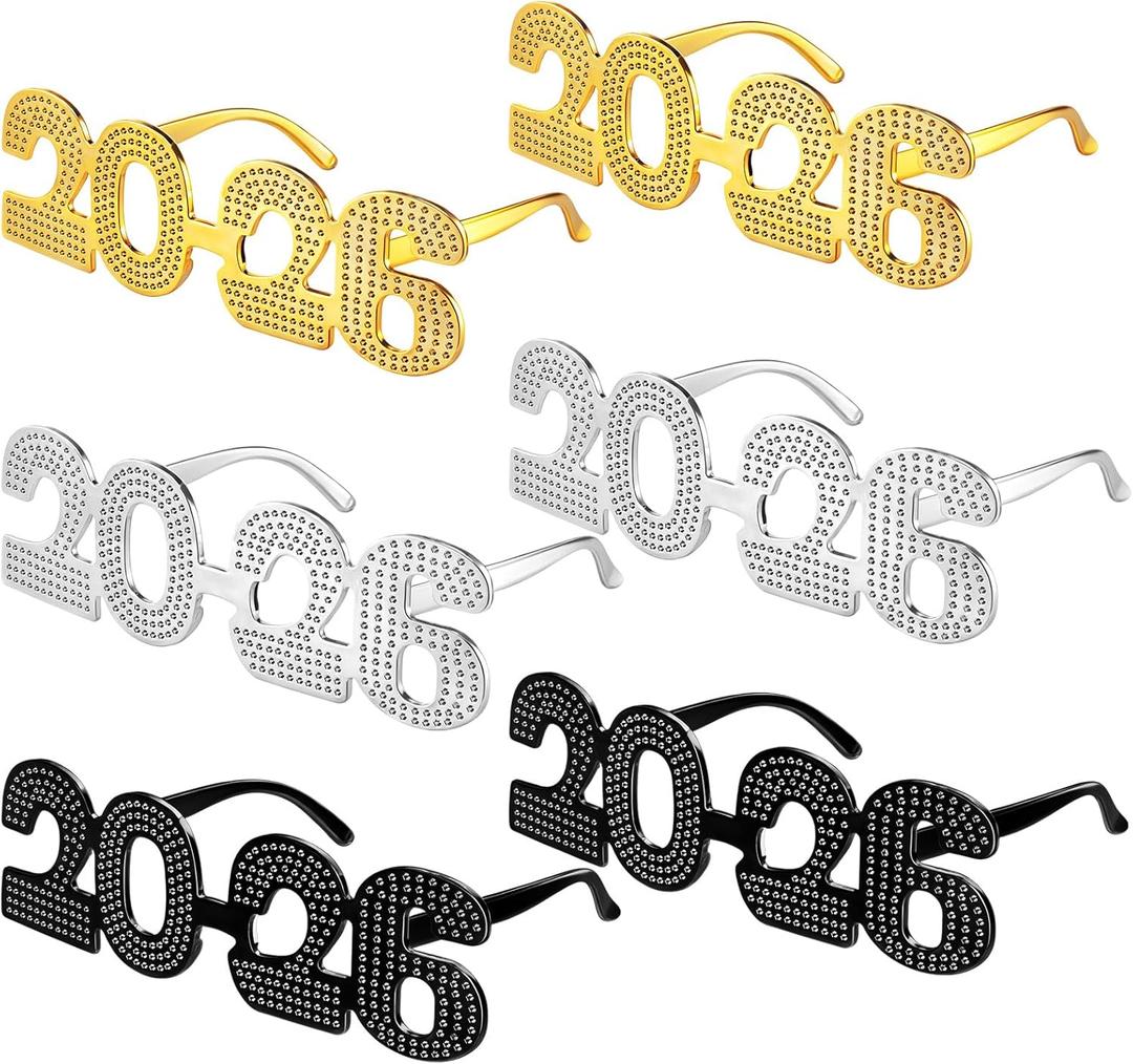 Konohan 6 Pcs 2026 New Year Eve Glasses Glitter Number Sunglasses Eyeglasses for New Years Party Supplies Festival Photo Prop(Yellow Black Silver)