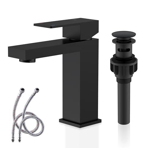KENES Matte Black Single Handle Bathroom Sink Faucet, Stainless Steel Vanity Faucet for Bathroom Sink, with Pop Up Drain Stopper & Water Supply Hoses LJ-9031-2, Short, Matte Black