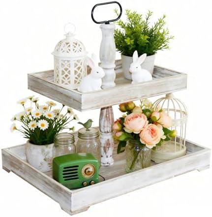Decorative Tray - Cupcake Stand Two Tiered Tray Farmhouse Rustic 2 Tiered Serving Tray for Home and Kitchen Decor, Party, Weddings-Holiday Decoration Customizable Display Options