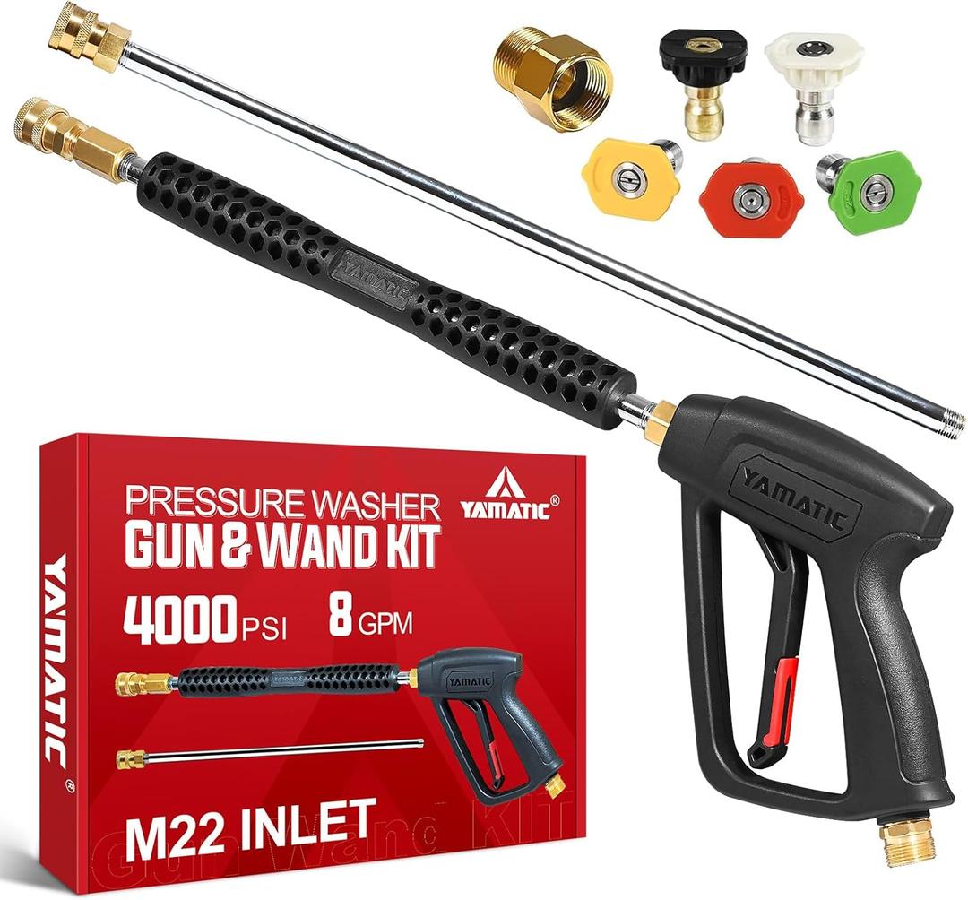 YAMATIC Pressure Washer Gun and Wand with 5 Spray Nozzles, M22-14mm & M22-15mm Fitting Replacement for Ryobi, Karcher, Greenworks, Craftsman, Troy bilt Power Washers, 4000 PSI