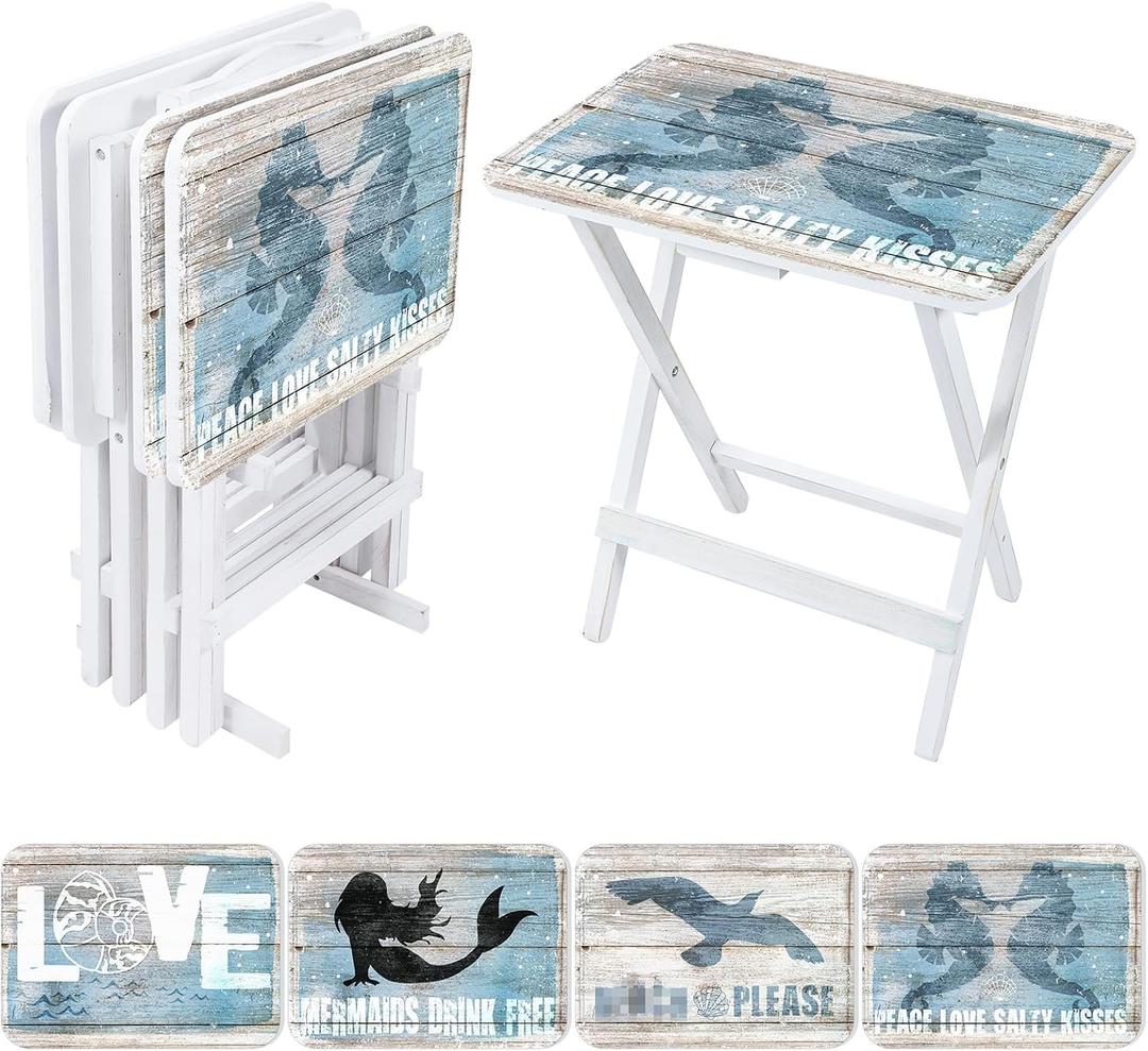 Sintuff Coastal Beach TV Trays Set of 4 with Stand Cape Craftsmen Mermaid Folding Wooden Decorative TV Tray Dinner Tables Farmhouse for Eating on Couch Snack Home Supplies
