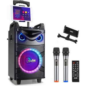 Moukey Karaoke Machine, 10" Woofer Portable PA System, Bluetooth Speaker with 2 Wireless Microphones, Lyrics Display Tablet Holder, Party Lights & Echo/Treble/Bass Adjustment Support REC/AUX/USB/TF