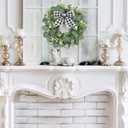 Dremisland 12" Artificial Eucalyptus Wreath with Plaid Bow | Spring Summer Green Leaf Wreath for Front Door Window Porch Farmhouse Decor Festival Celebration Home Decor (White&Black Plaid-Small)