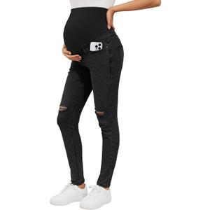 PACBREEZE Women's Maternity Jeans Over Belly Skinny Stretchy Denim Pants Comfy Slim Pregnancy Pants (X-Large, C09: Ripped Black)