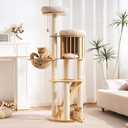 Cat Tree Modern Cat Tower for Large Cat with Scratching Post for Indoor, Solid Wood Multifunctional Cat Tower with Condo, Bed, Ladder, Space Capsule, Dangling Ball