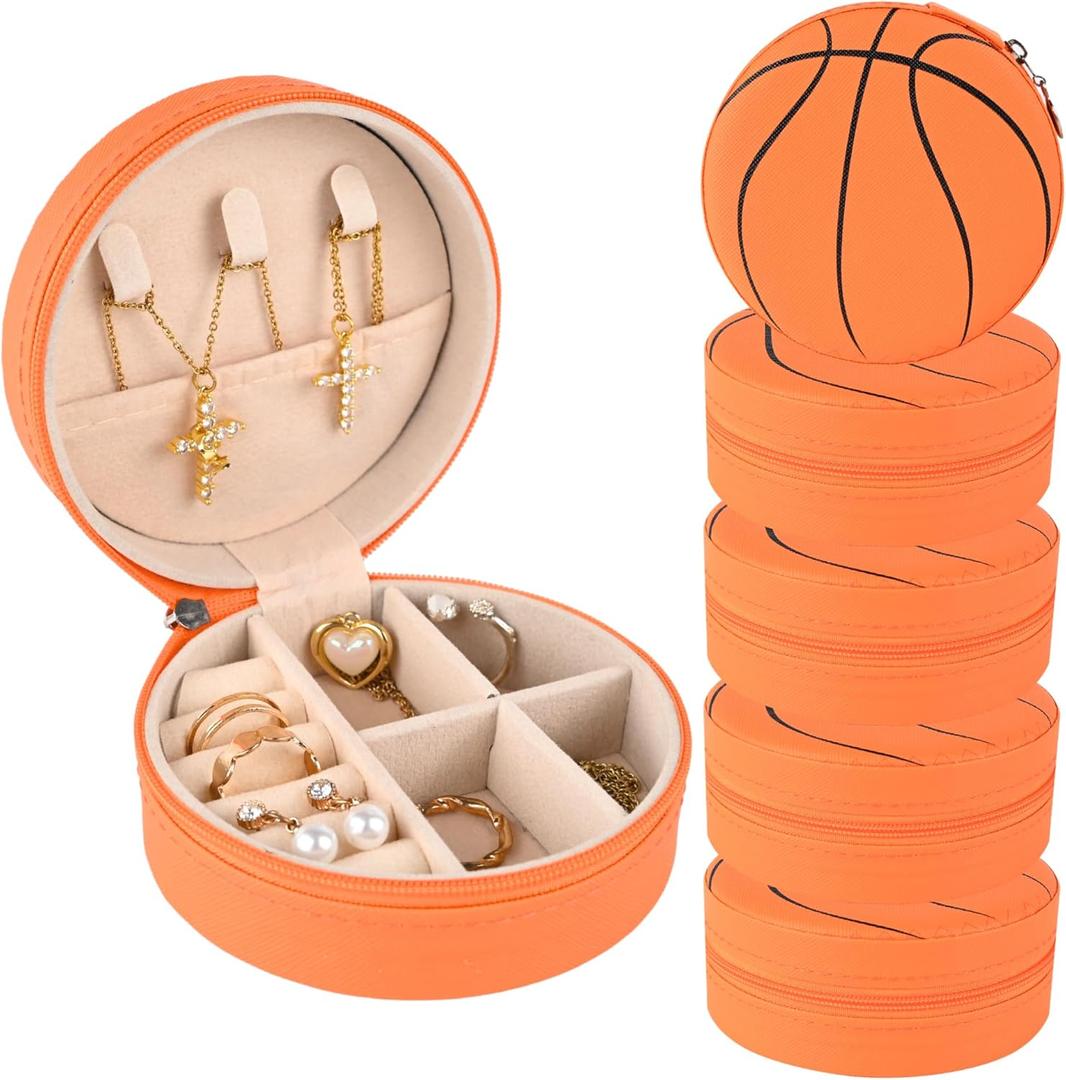 6 Packs Basketball Travel Jewelry Case Round Basketball Stuff Small Portable PU Leather Jewelry Box Organizer Storage Case for Team Athletes & Sports Enthusiasts Christmas Events & Milestones