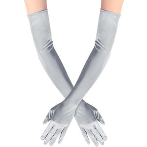 Lansian Long Opera Party Gloves for Women 1920s 20s Satin Gloves Costumes Elbow Length Bridal Evening Dress, 21 inches (Silver)