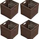 Handwoven Paper Woven Cube Basket Organizer with Handles set of 4 Foldable Storage baskets for Bedroom Living Room Cubby Storage Units for Clothes Books Toys (Brown, 13" L x 13" W x 13" H)