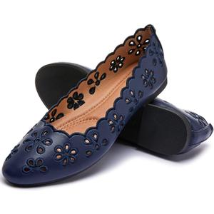 FRACORA Women's Ballet Flats Black PU Leather Dress Shoes Comfortable Round Toe Slip on Flats with Breathable Eyelets (9.5, Navy)