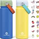 GoKEDA 18oz Kids Water Bottle, 2 Pack Insulated Bottles with Stickers, 18/8 Stainless Steel Vacuum Leak Proof Straw Cup for School, Gifts for Boys Girls(BlueYellow+GreenBlue)